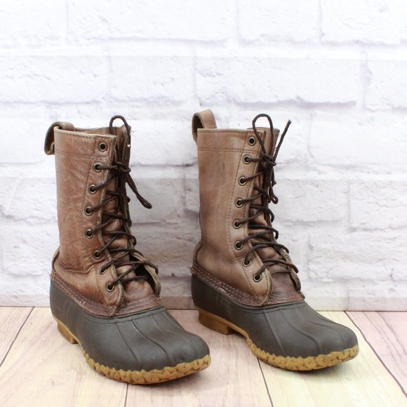 LL Bean Brown Leather Mid Calf Lace Up Unlined Hunting Duck Boots Size 6 M - Picture 3 of 8
